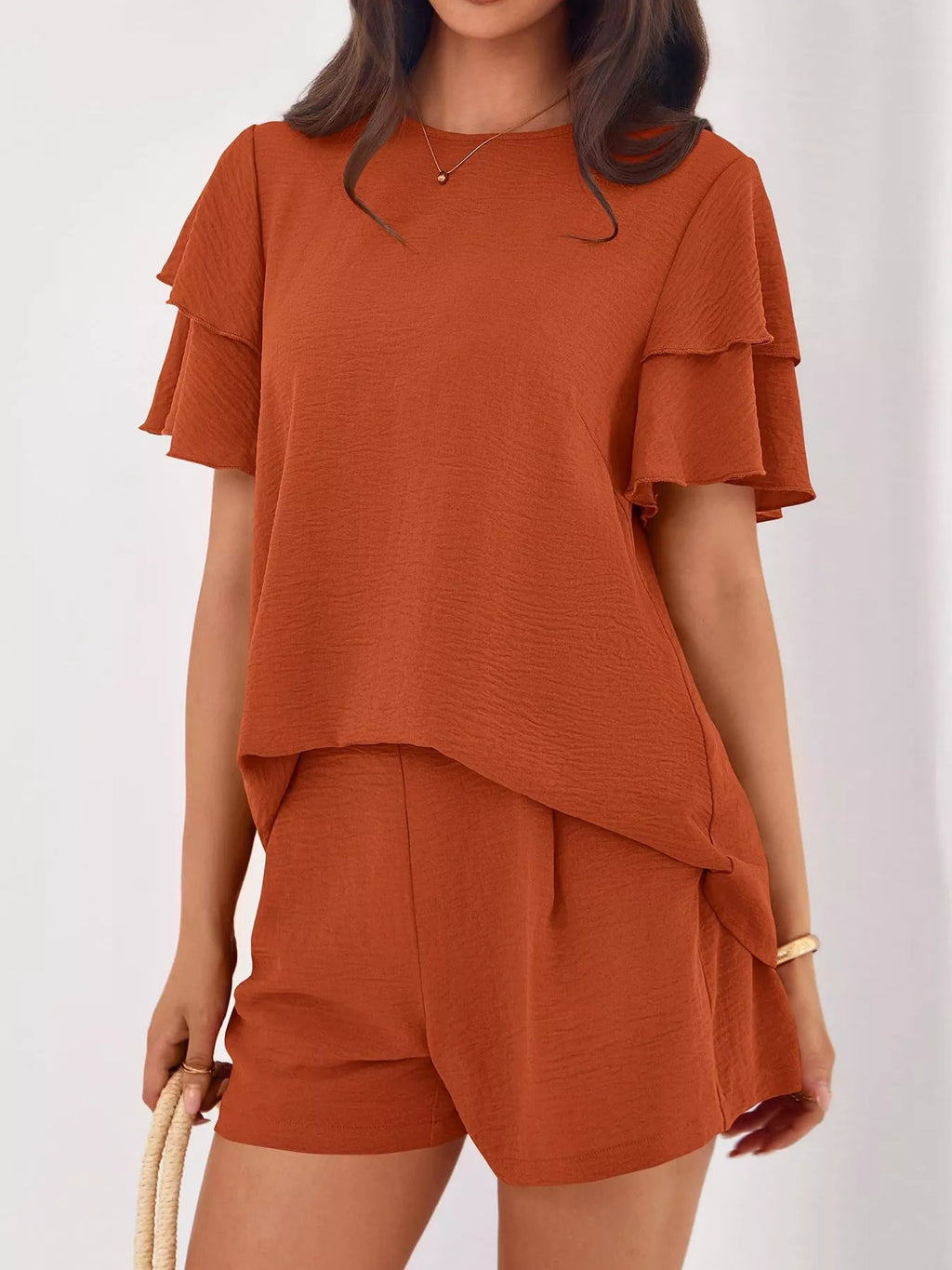 women's ruffle sleeve top and shorts two-piece set - styled view
