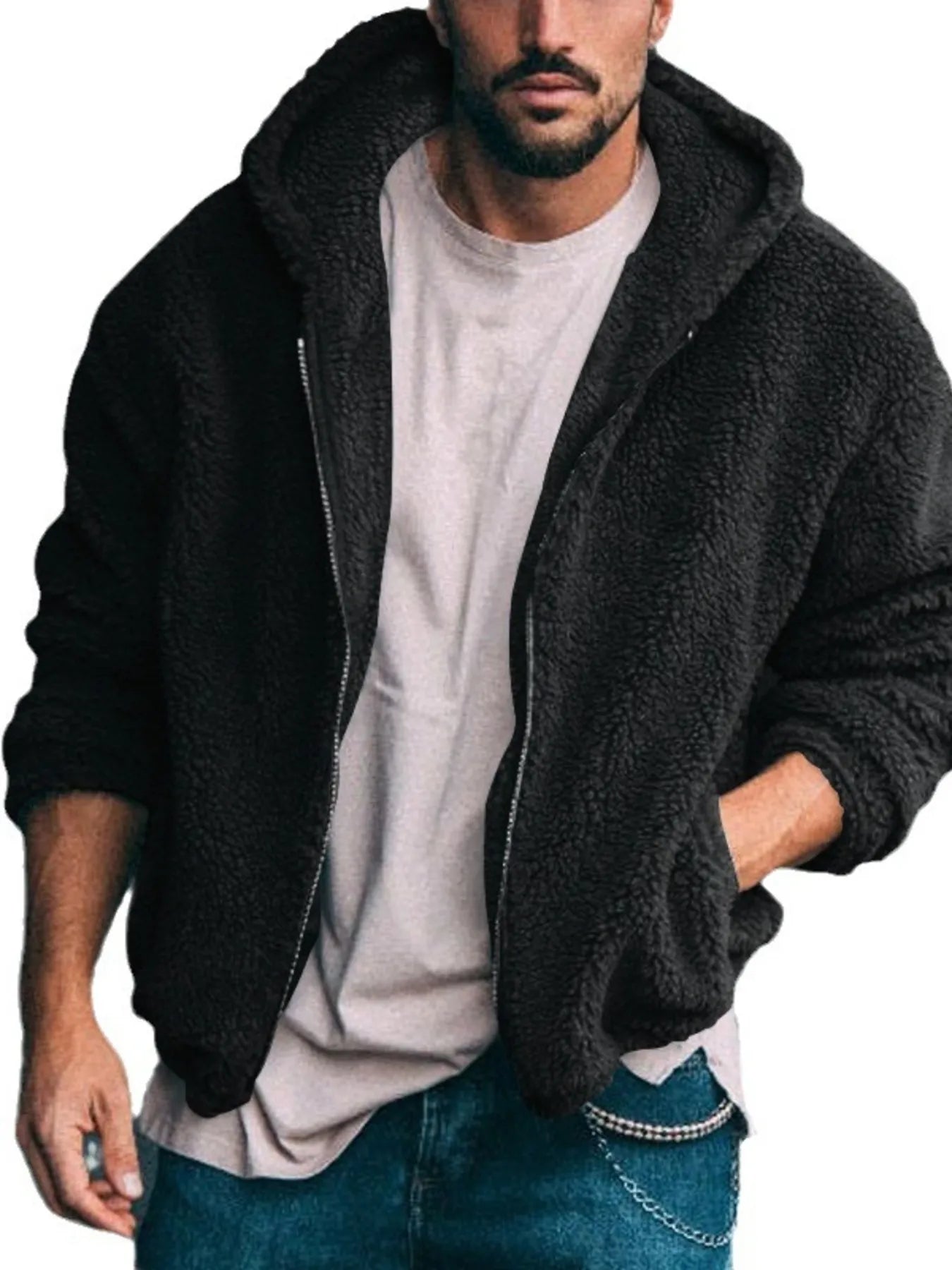 men’s textured long wool coat with shoulder detail