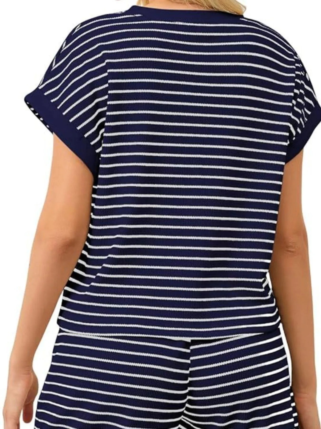 Full Size Contrast Striped T-Shirt and Shorts Set Plus Size