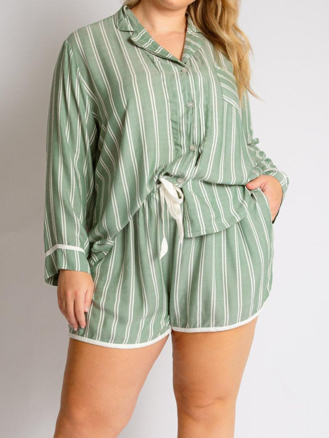 Striped Collared Neck Long Sleeve Top and Shorts Lounge Set Sage