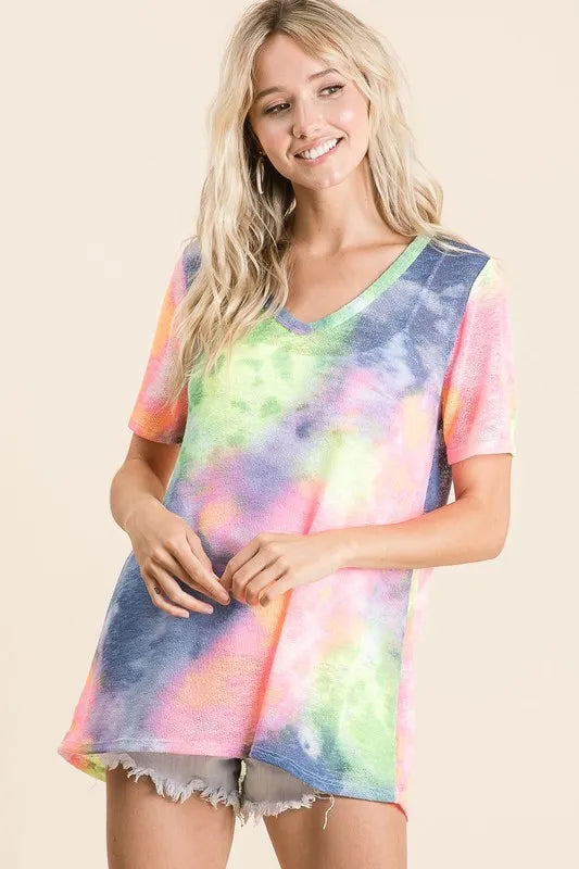 women's bibi tie dye print low gauge deep u neck top - product detail