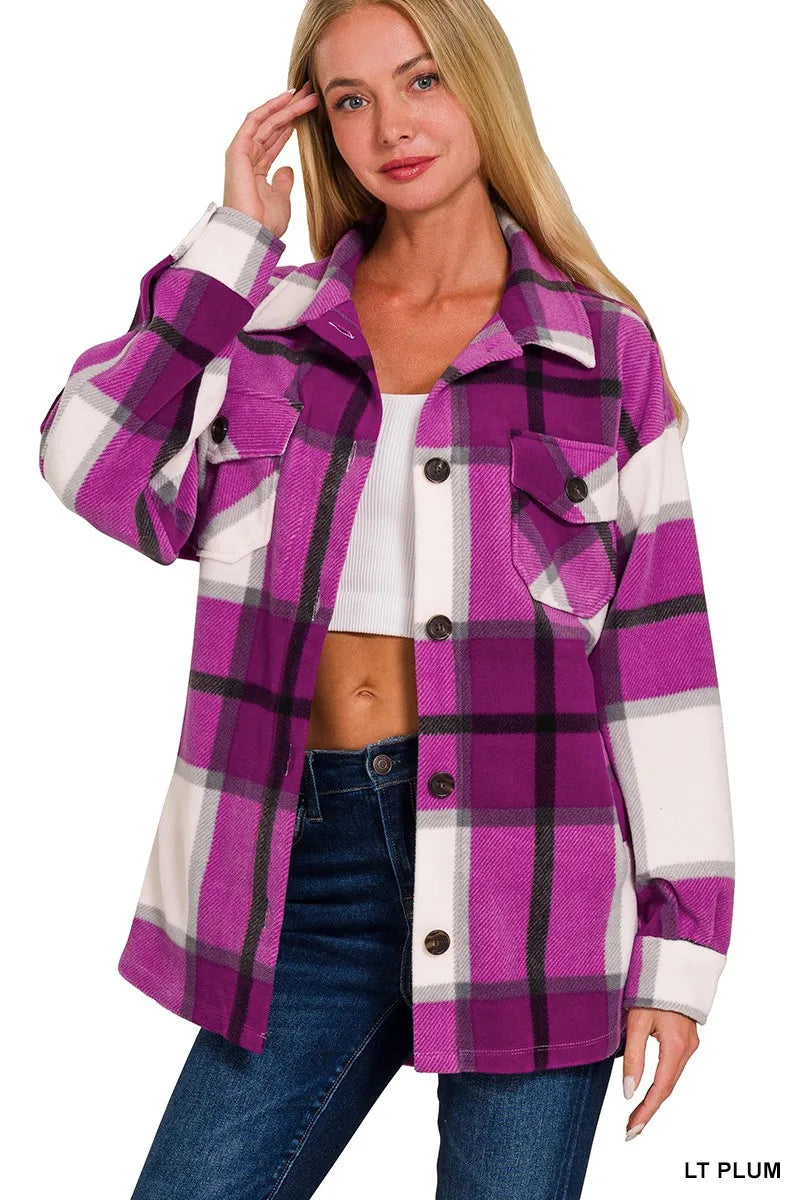zenana oversized plaid fleece shacket - timeless checkered outerwear layer shown as women’s shacket