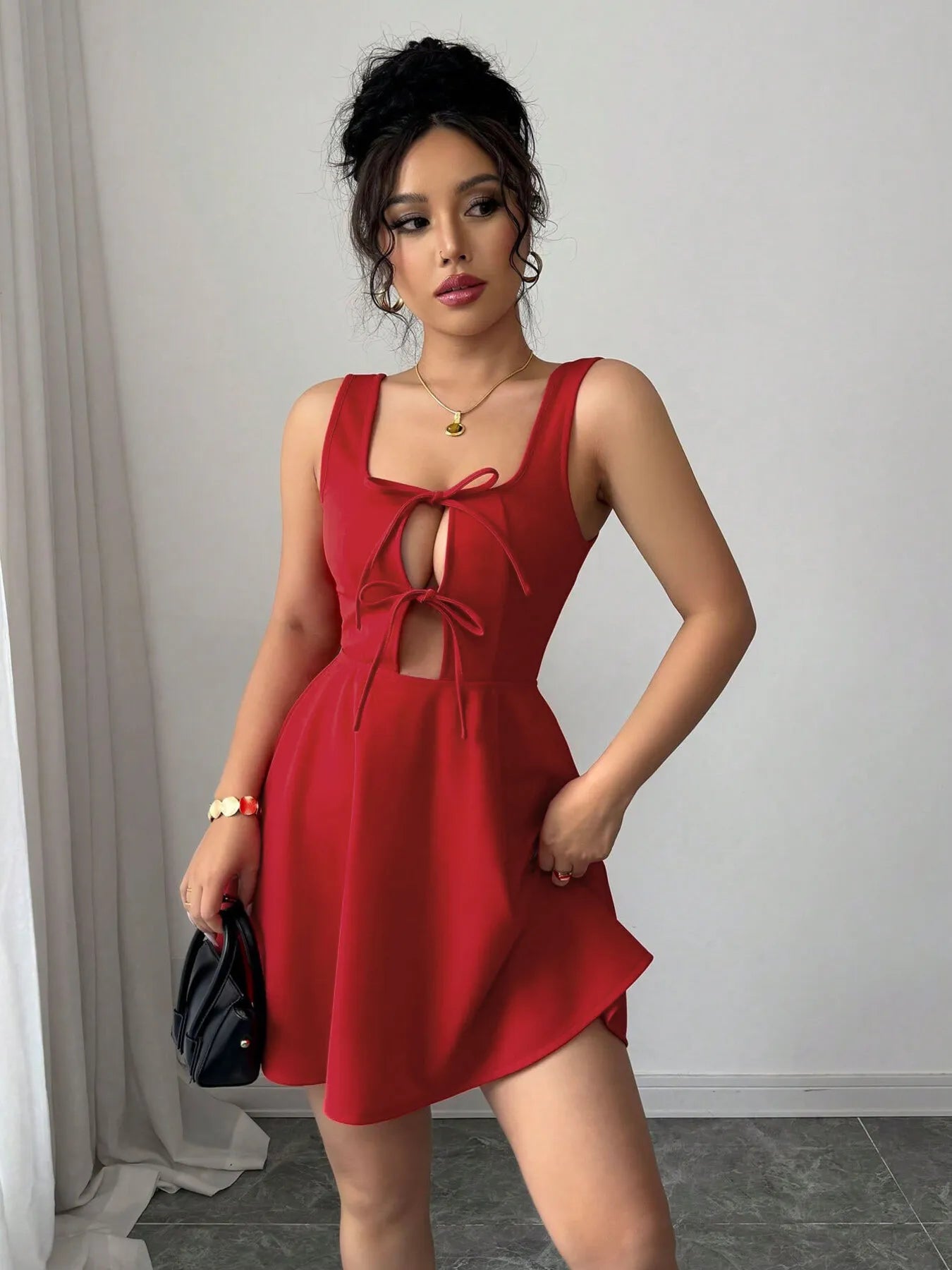 tie front wide strap dress shown as women’s dress