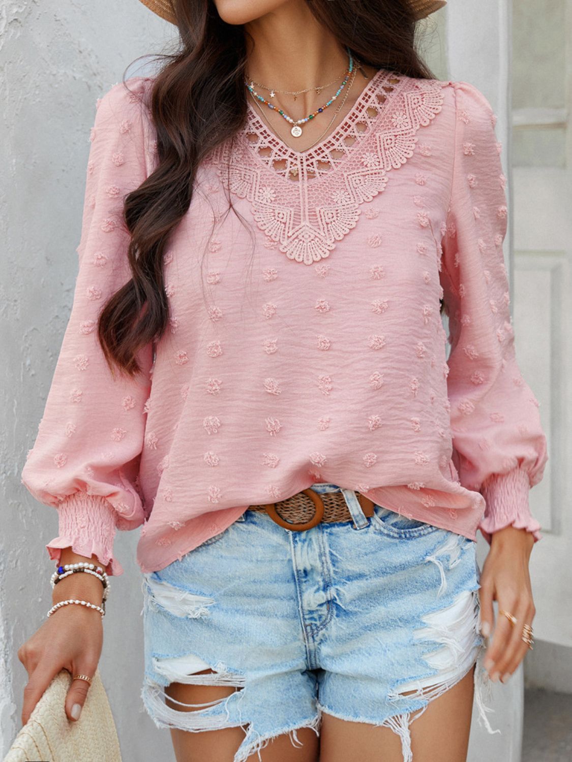 Devine Swiss Dot Lace Detail V-Neck Long Sleeve Blouse Blush Pink