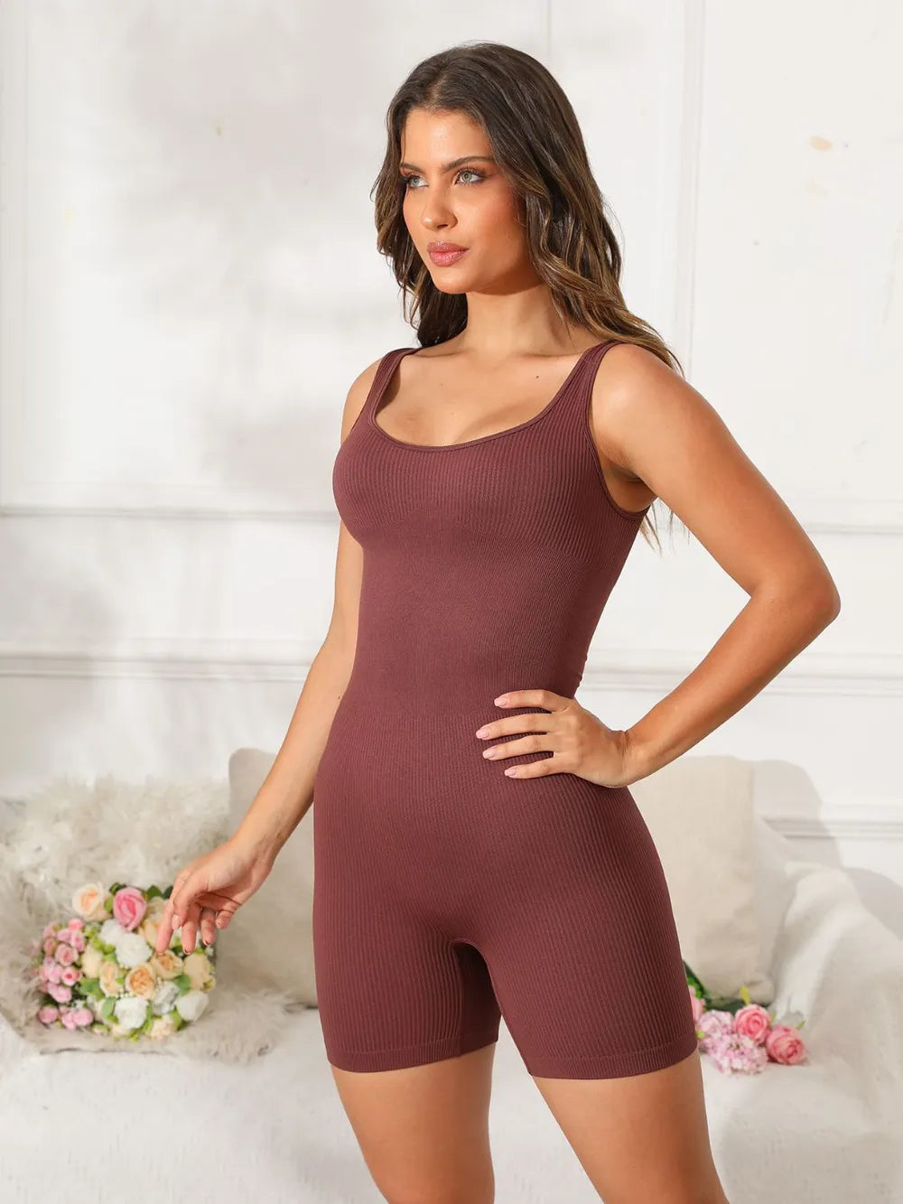 women's scoop neck wide strap active romper - product showcase