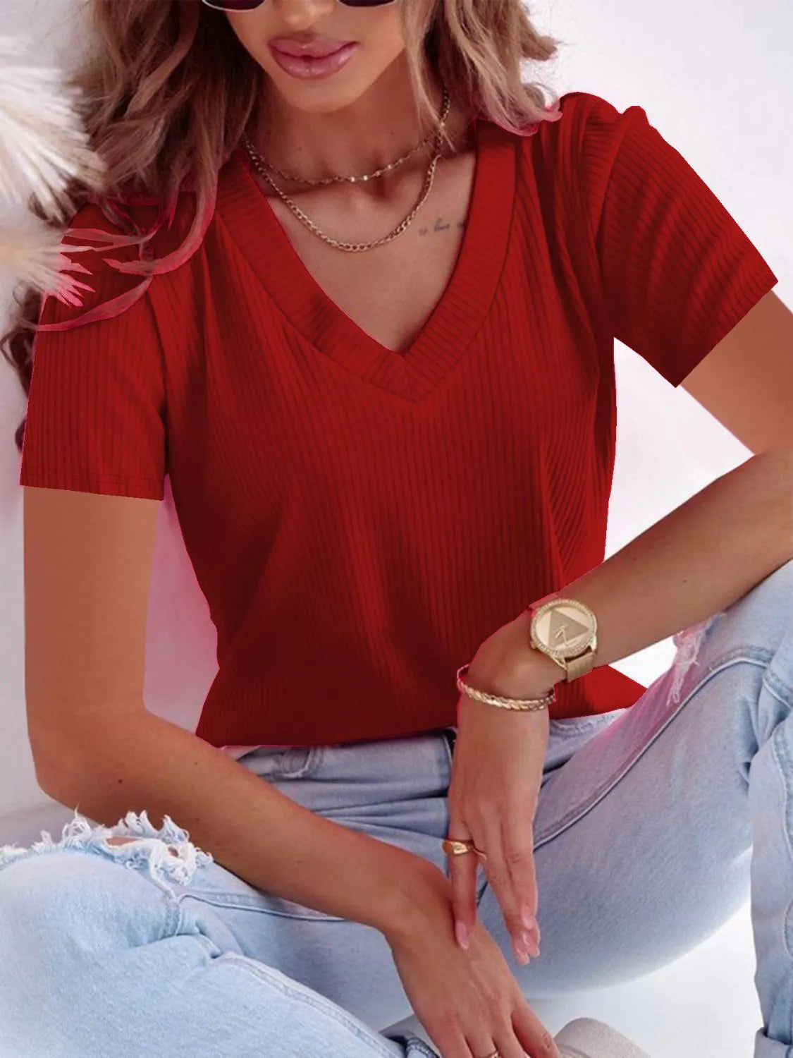 Full Size Solid V-Neck Short Sleeve T-Shirt Plus Size Rust