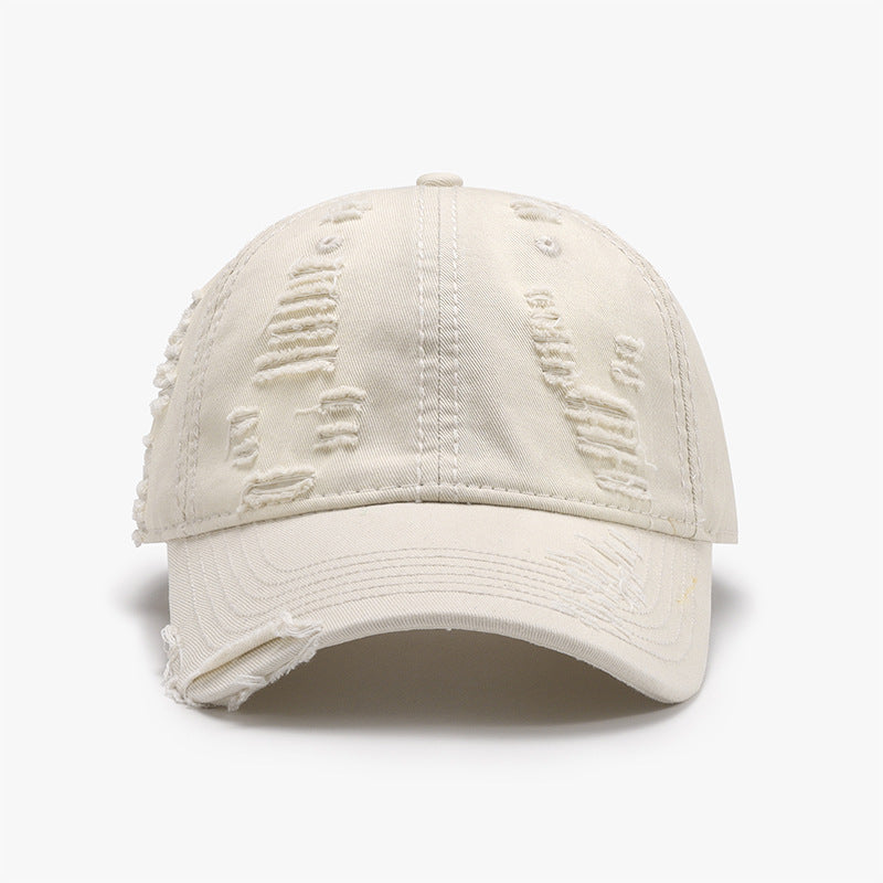 Distressed Adjustable Cotton Baseball Cap Ivory One Size