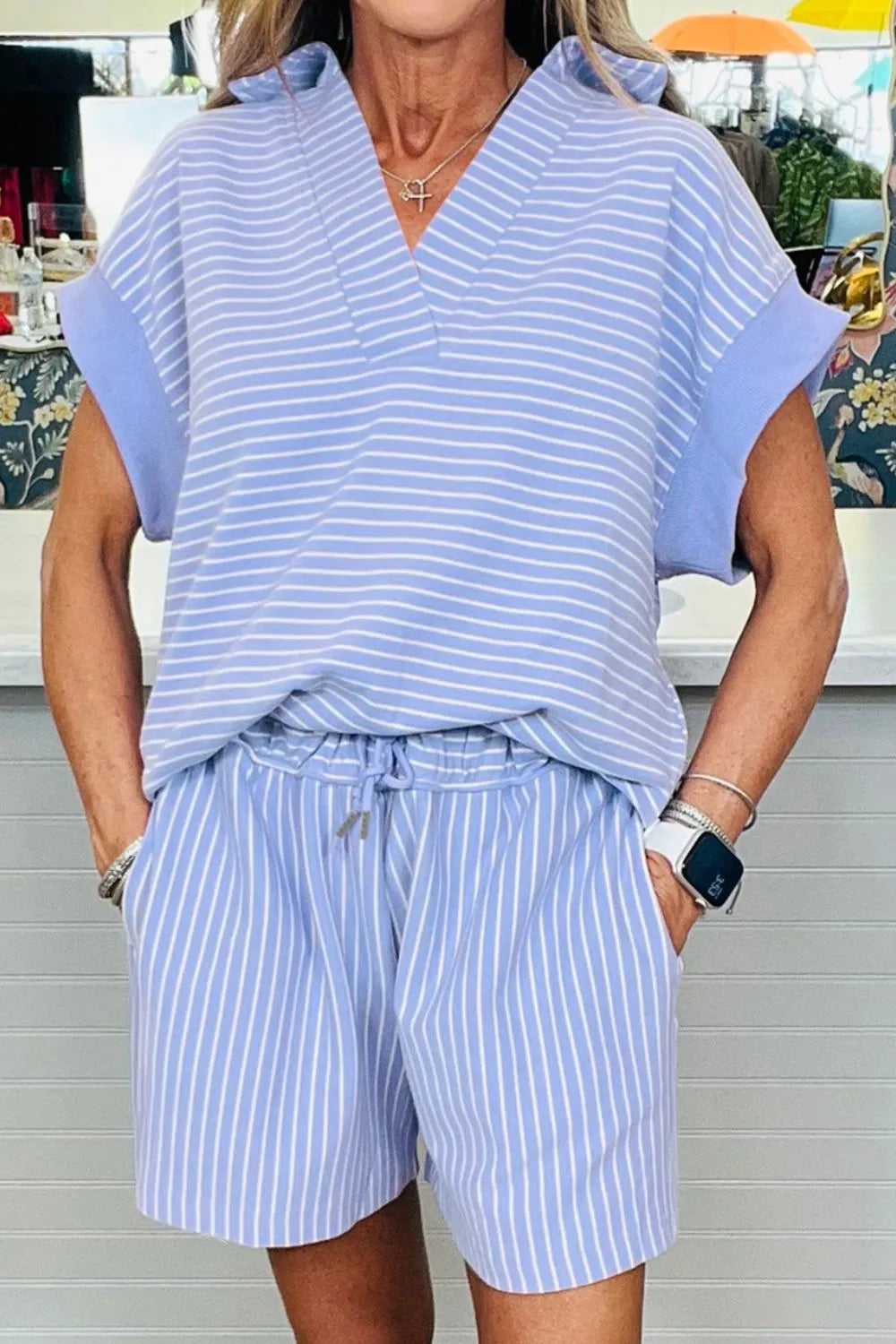 Casual Striped Short Sleeve Top and Shorts Two-Piece Set Light Blue