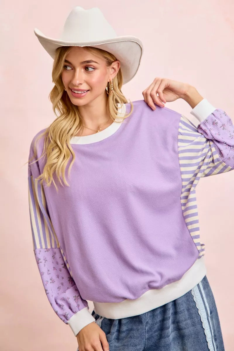 women's bibi mix and match sweatshirt with floral sleeve striped - extra view