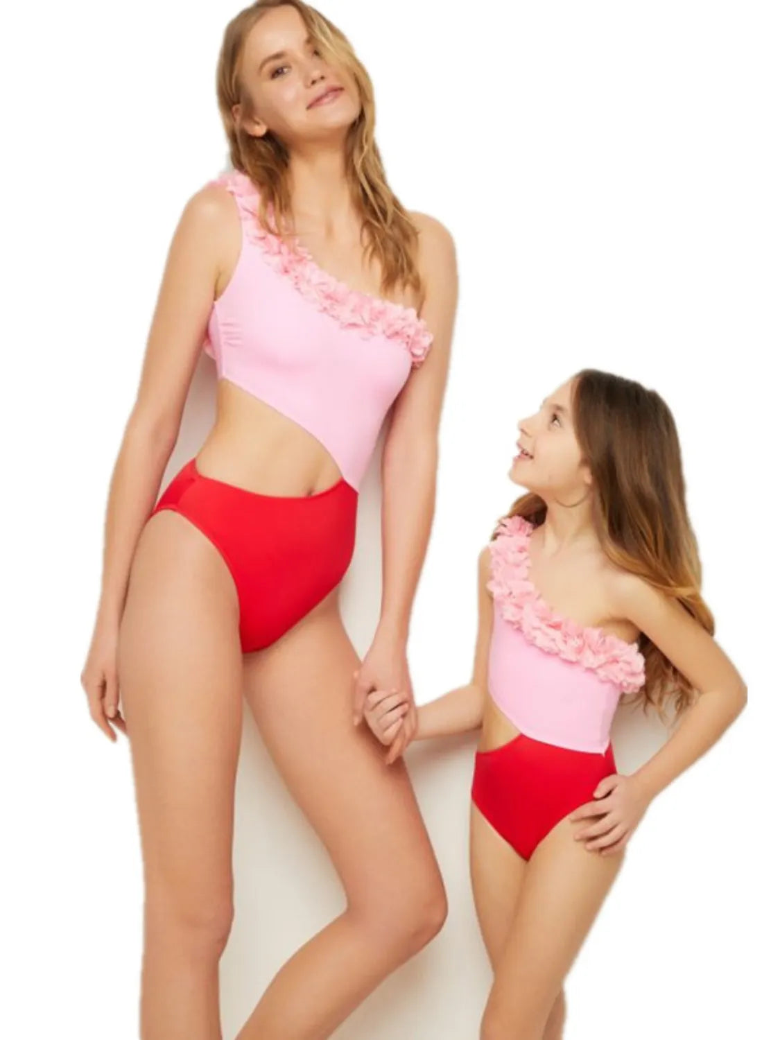 cutout one shoulder contrast parent child swimwear — stylish clothing for kids