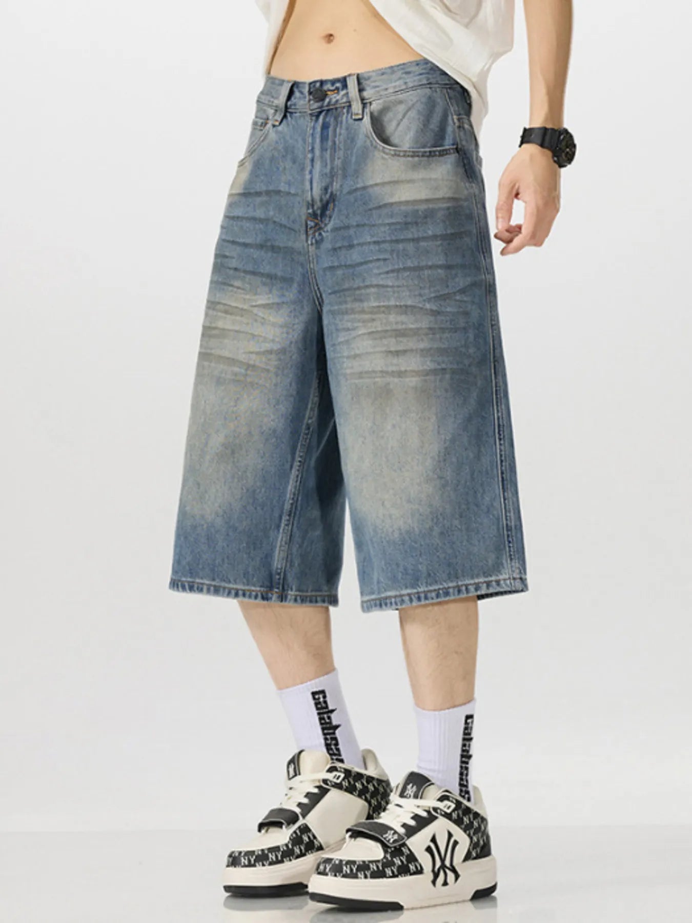 men's men's vintage wash wide-leg capris jeans - styled view