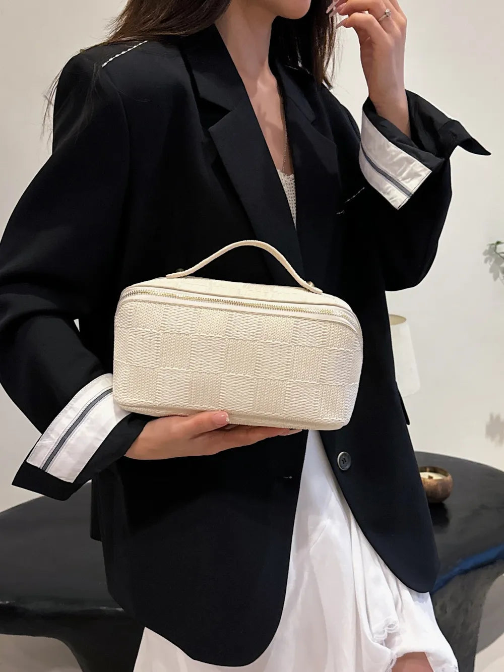 Texture PU Leather Cosmetic Bag Beige One Size