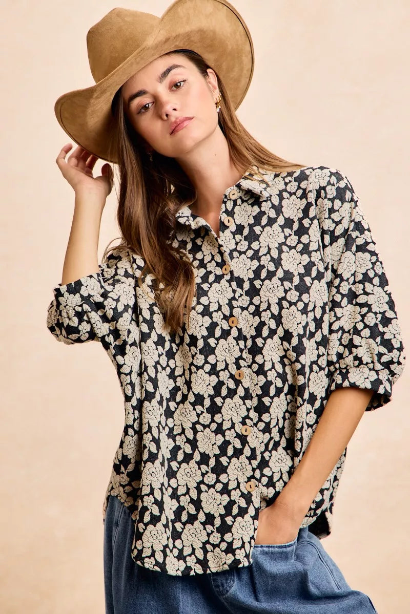 women's bibi floral jacquard short dolman sleeves shirt - styling option