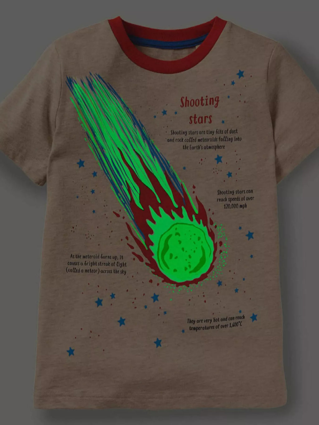 women's children's glow in the dark shooting star graphic crew neck t-shirt - detail shot