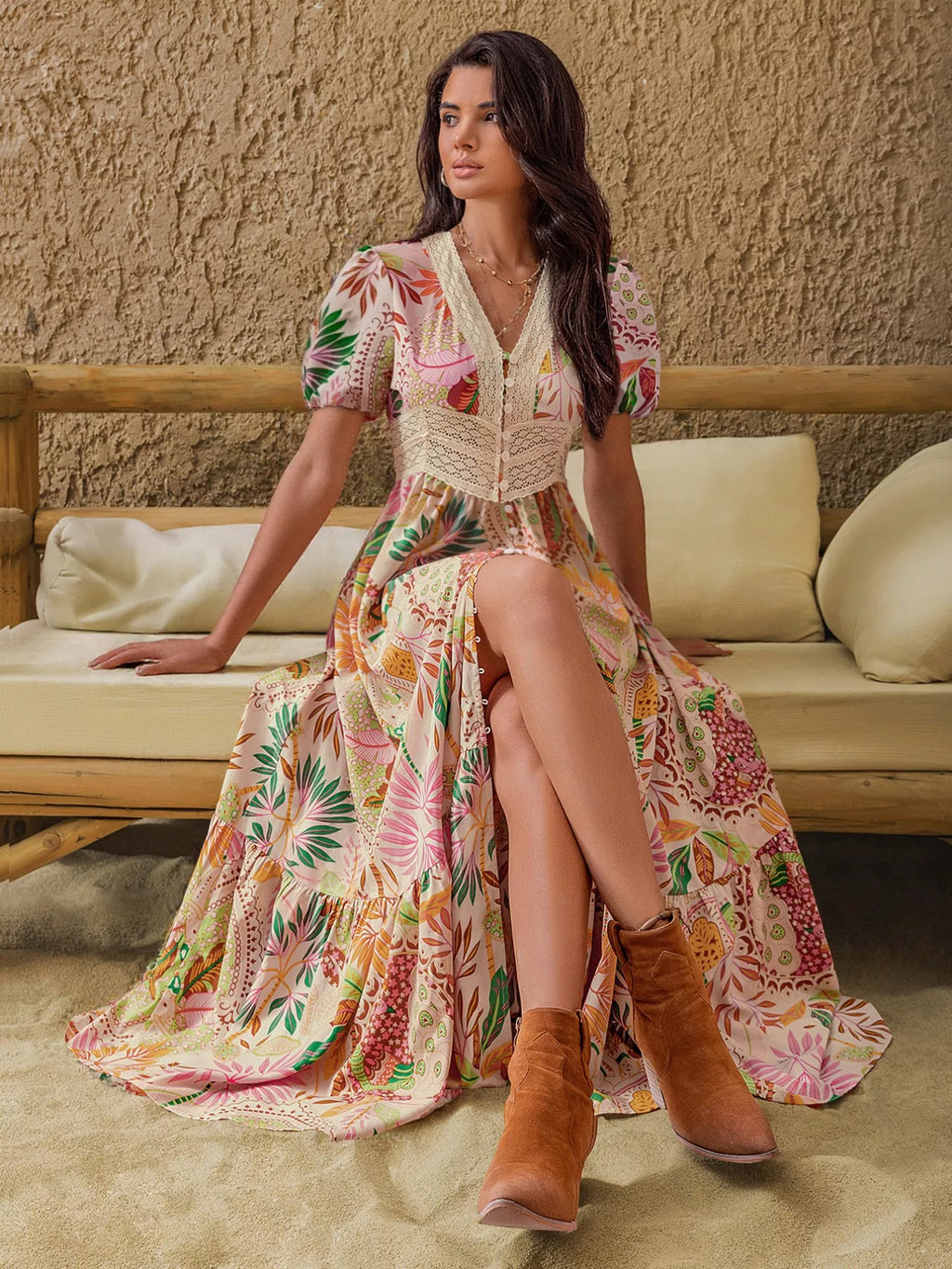 women's lace trim floral print puff sleeve dress - main product image