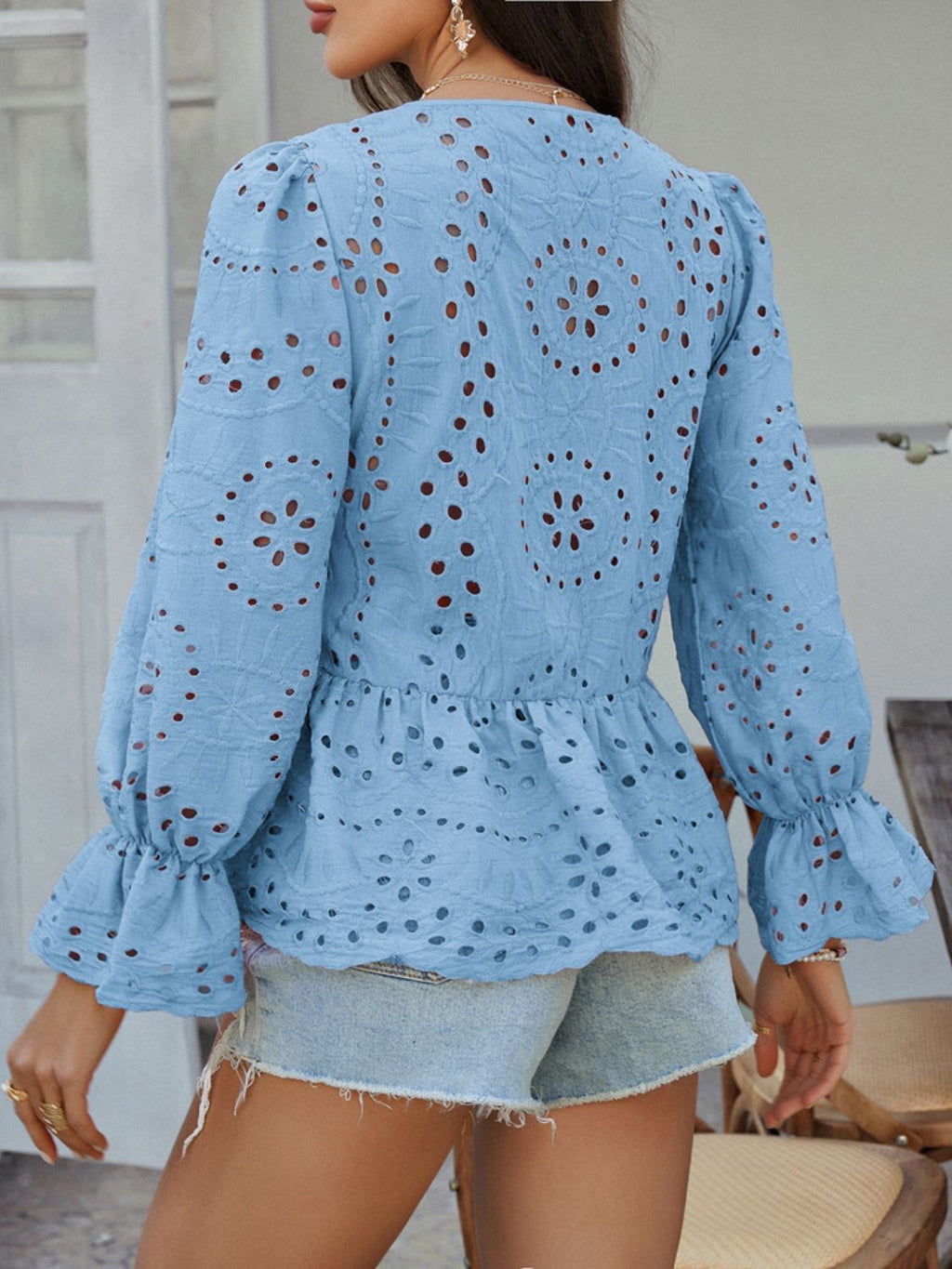 Devine Tie Front Flounce Sleeve Peplum Blouse