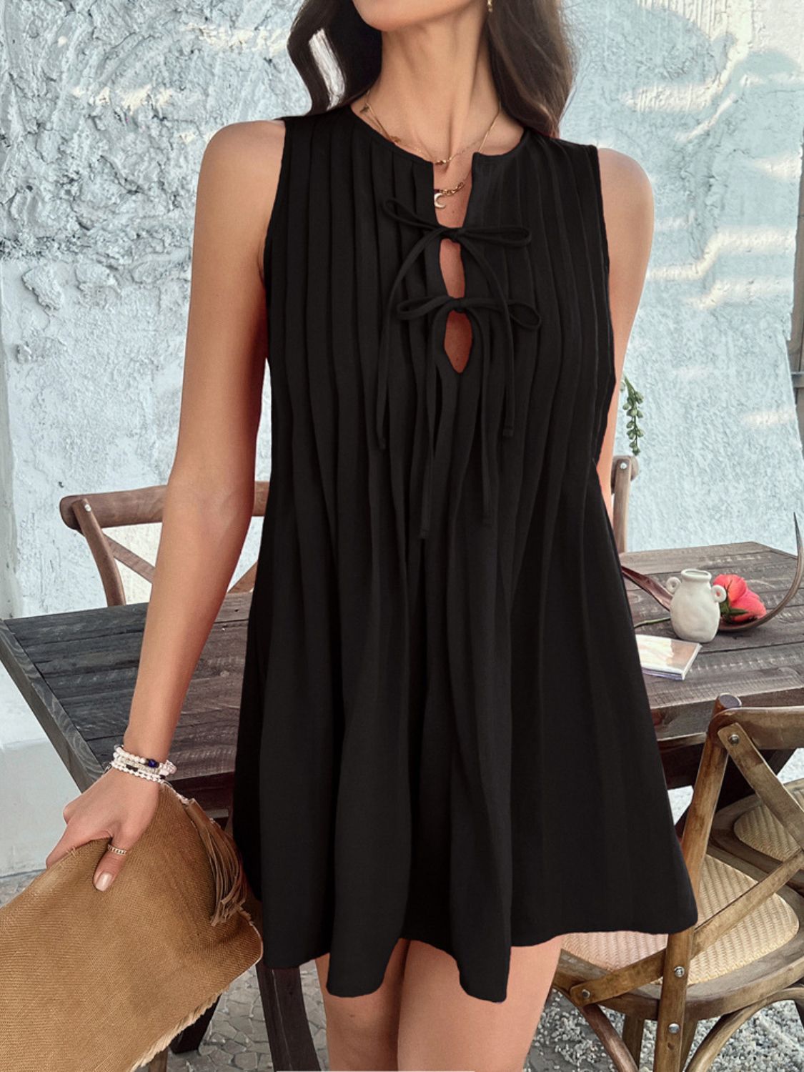 Devine Pleated Sleeveless Mini Dress Black