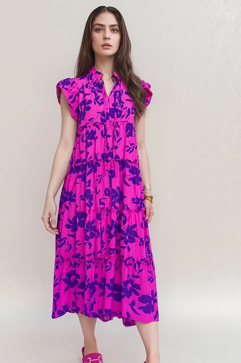 Oh Full Size Ruffled Printed Notched Cap Sleeve Midi Dress Red-Violet