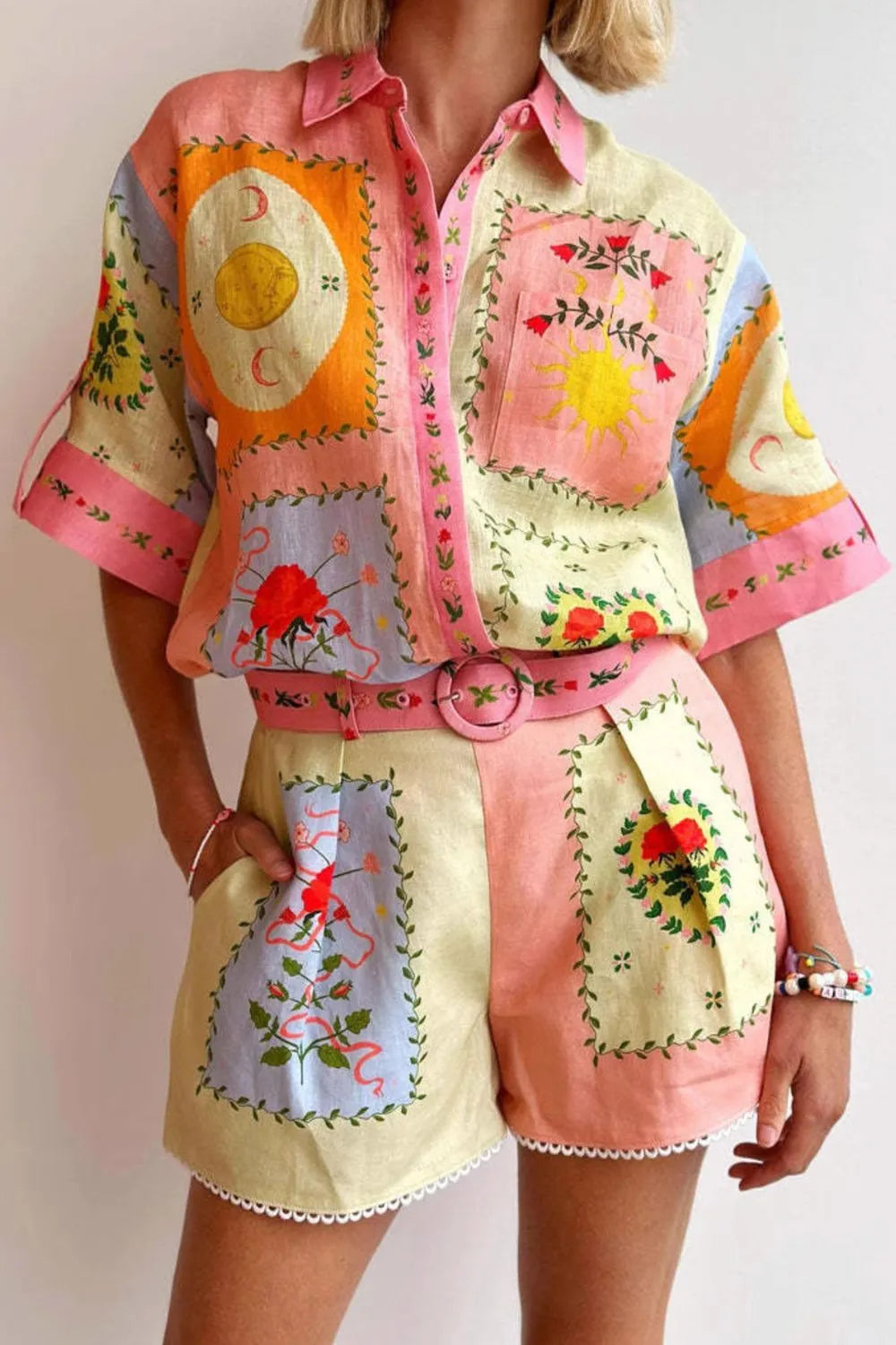 Printed Short Sleeve Shirt and Shorts Set Floral