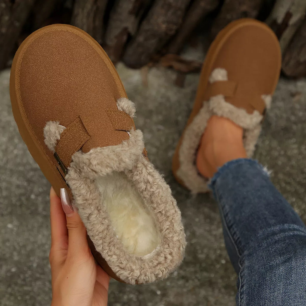 women's fuzzy trim buckle platform slippers - styling option