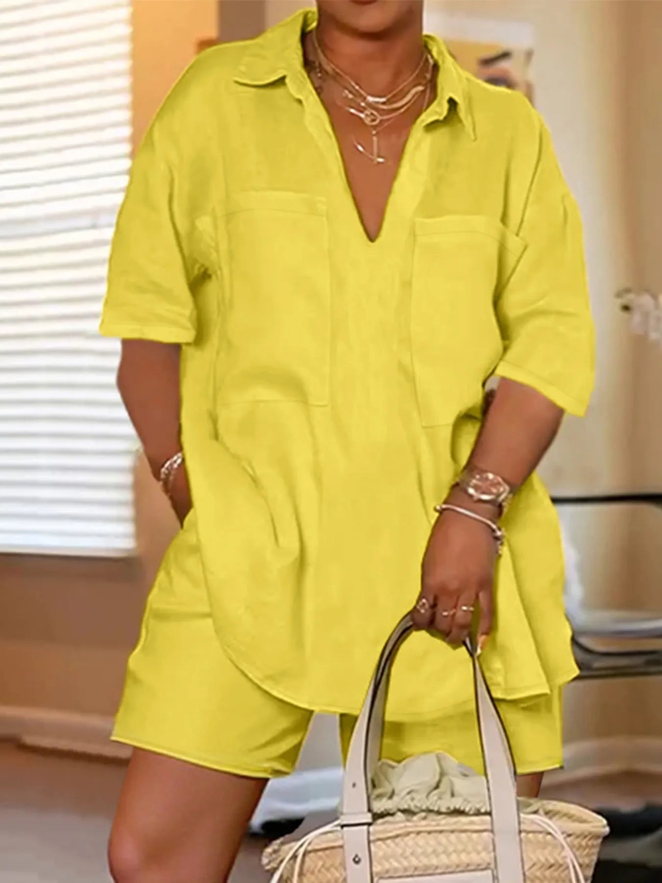 Plus Size Short Sleeve Top and Shorts Set Yellow