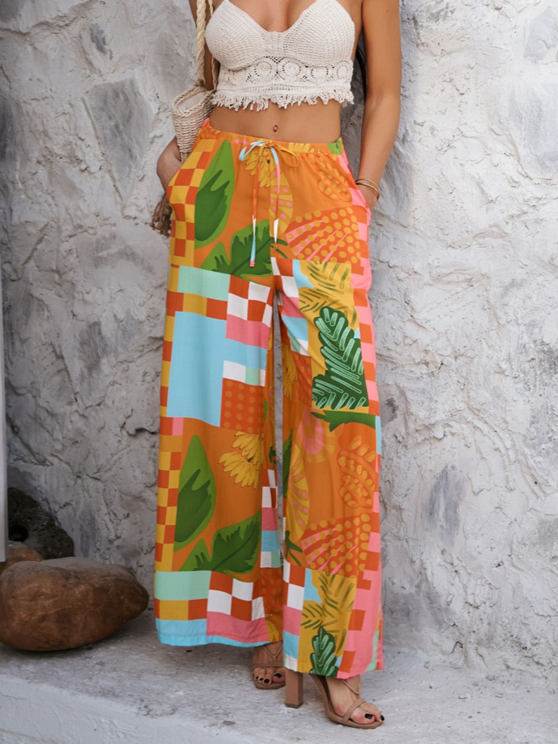 Devine Drawstring Printed Wide Leg Pants Tangerine