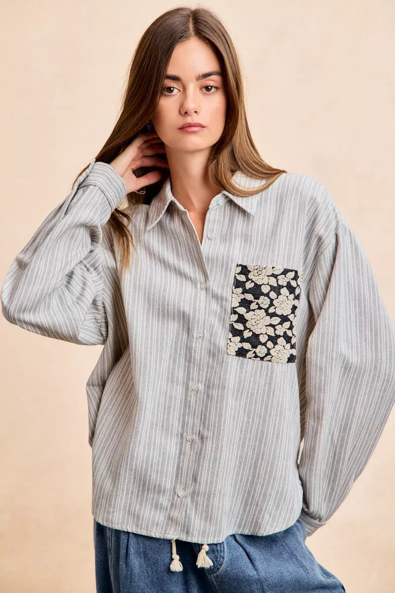women's bibi flower jacquard knit patch pocket stripe shirt - additional image