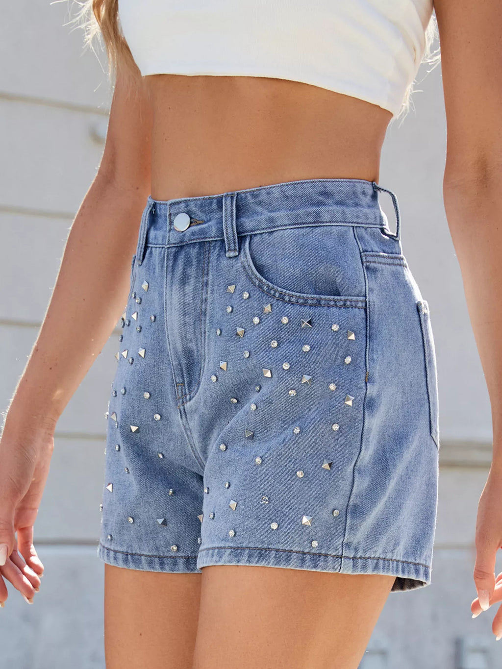 women's studded high waist denim shorts - additional image