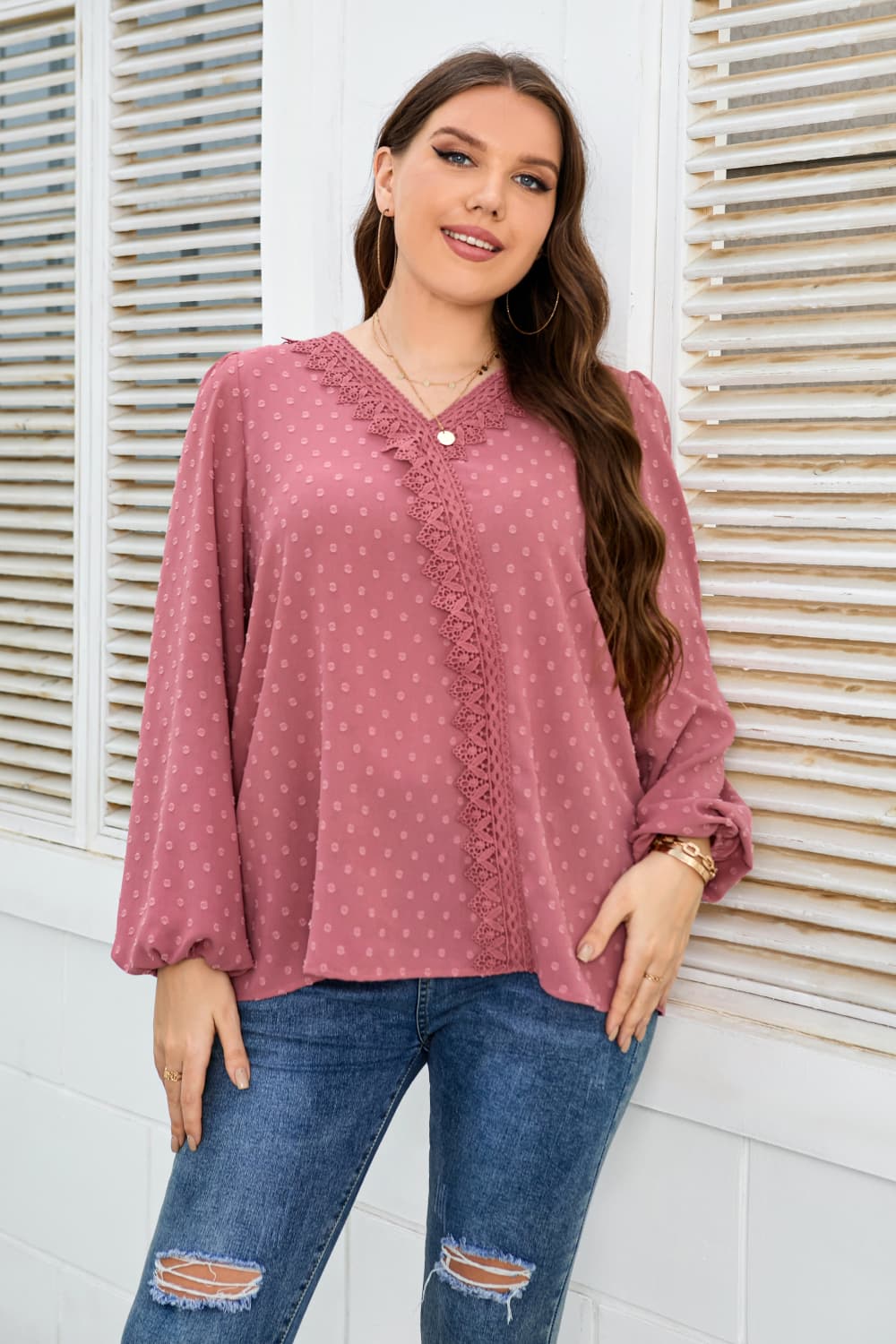 Honey Melo Apparel Plus Size Lace Trim V-Neck Balloon Sleeve Blouse Dusty Pink