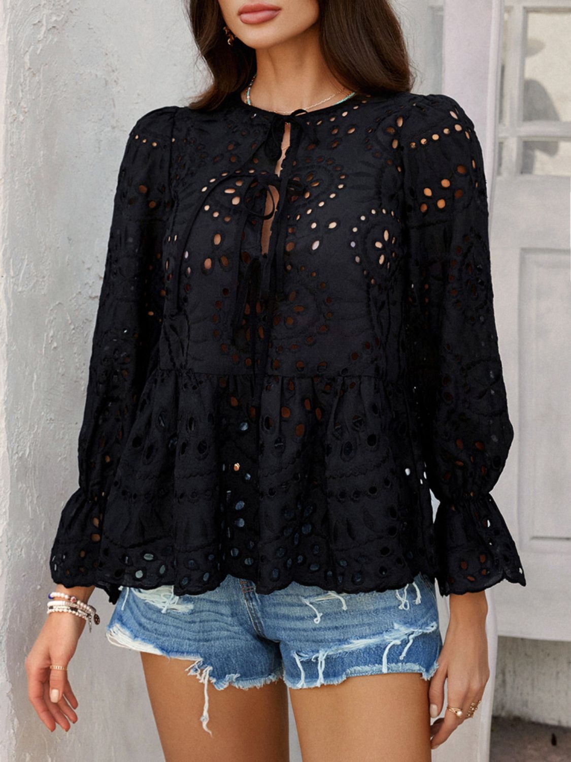 Devine Tie Front Flounce Sleeve Peplum Blouse Black