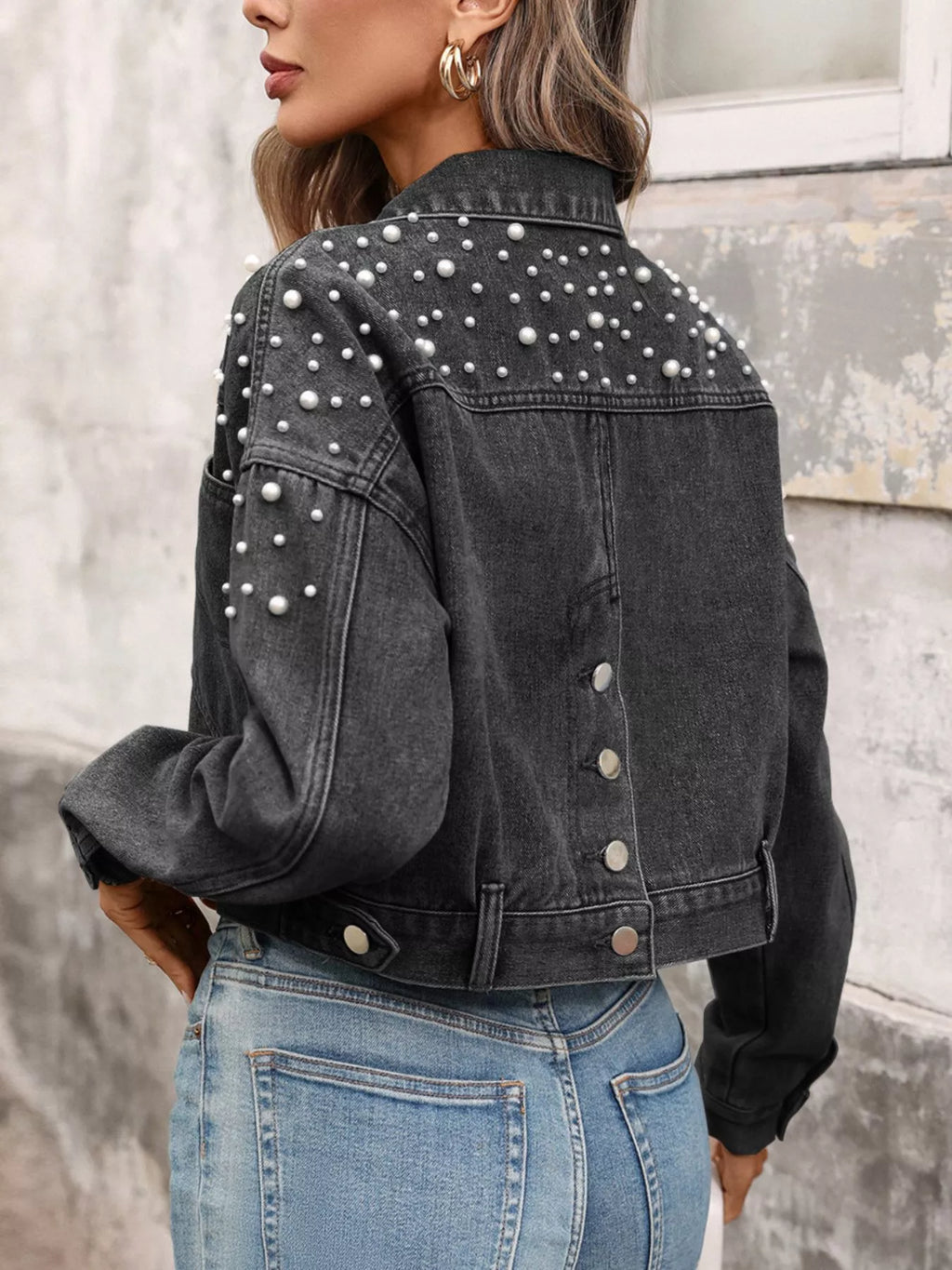 women's pearl embellished cropped denim jacket - extra view