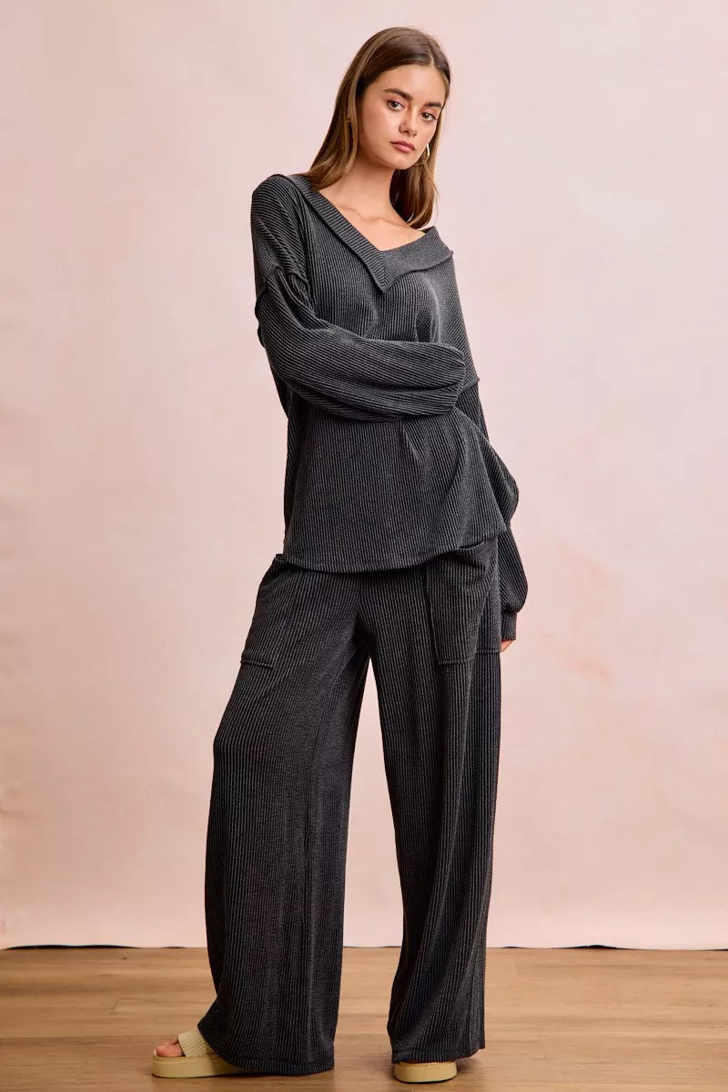 women's bibi two tone cord rib contrast stitching v-neck top and pants set - product detail