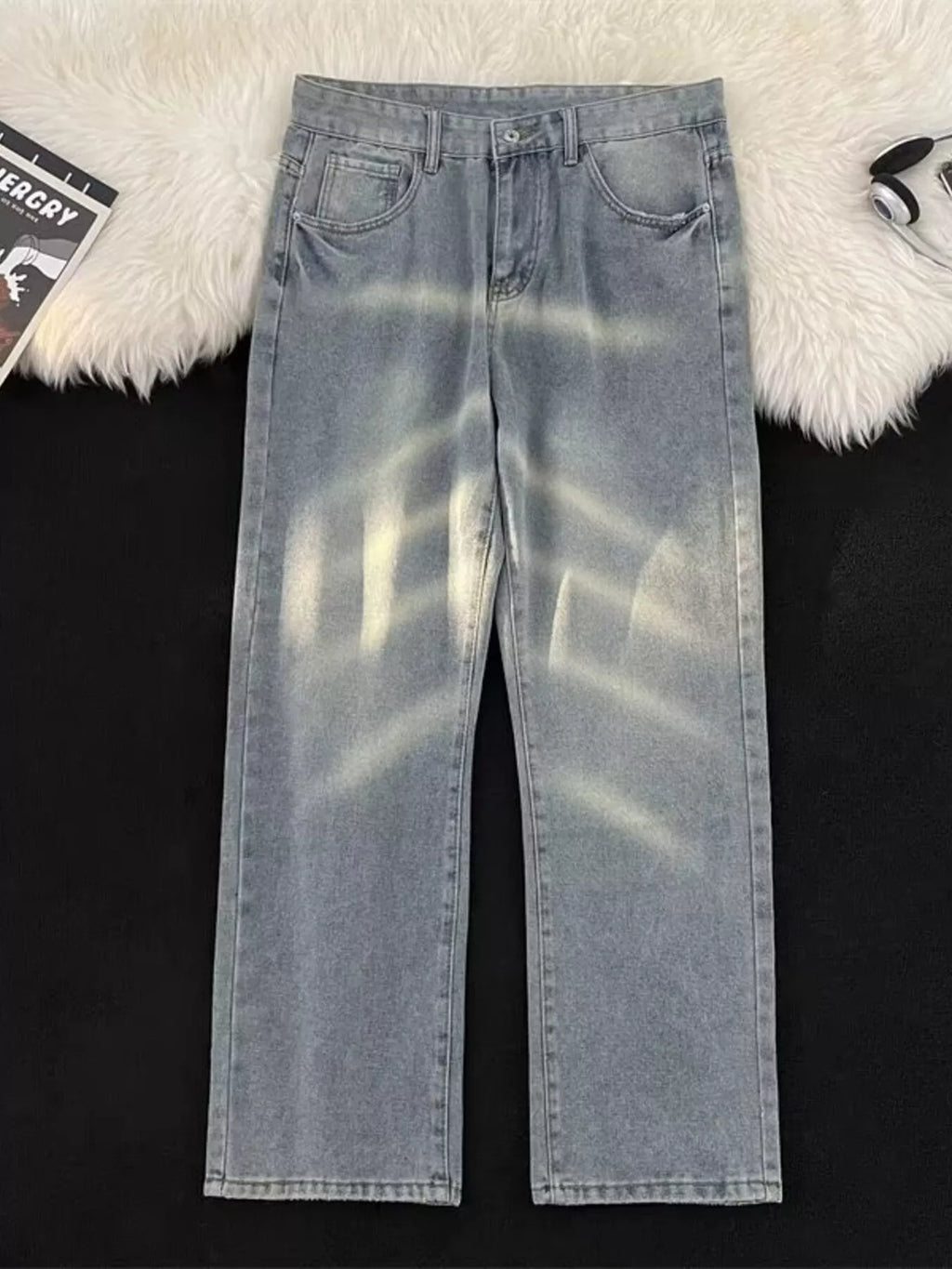 men's men's full size vintage wash wide leg jeans plus size - styled view