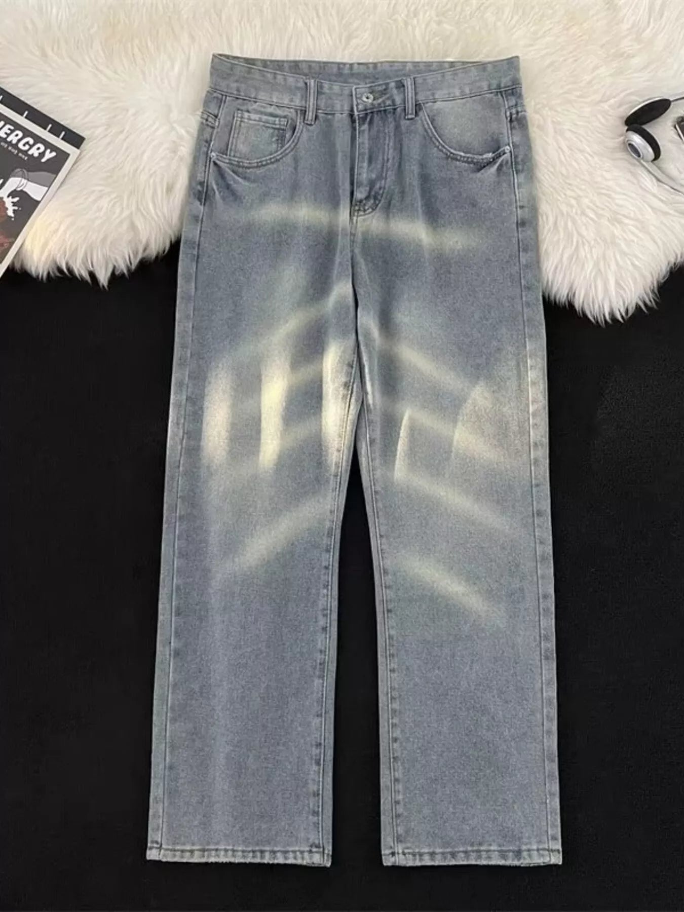 men's men's full size vintage wash wide leg jeans plus size - styled view