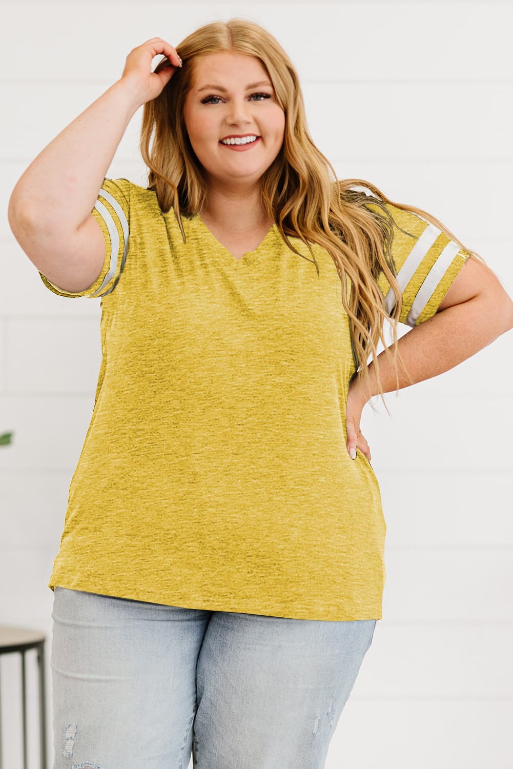 Plus Size Striped V-Neck Tee Shirt Mustard