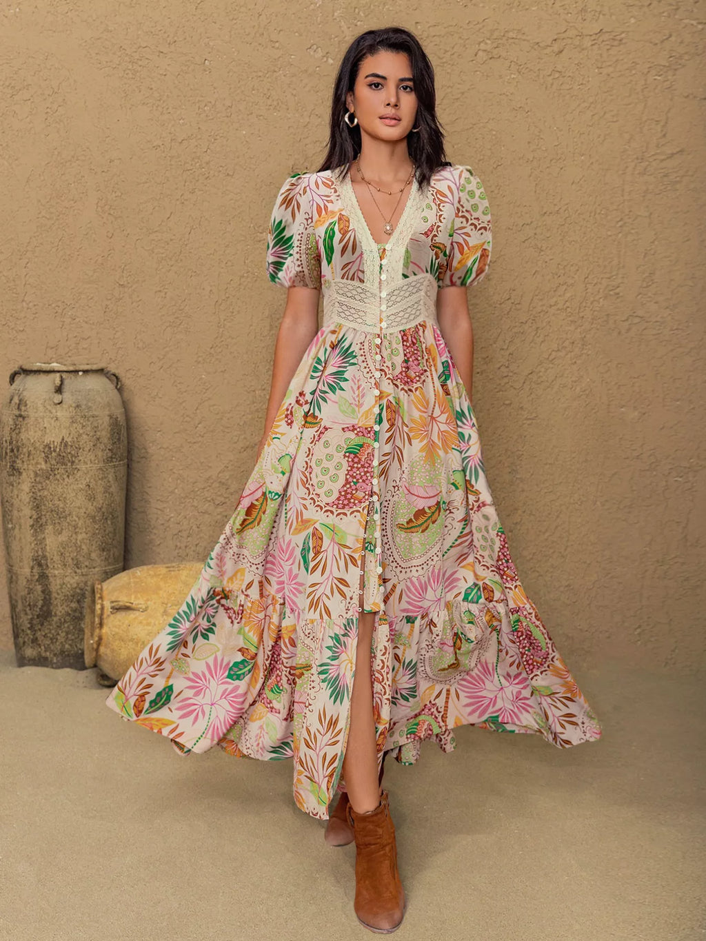 women's lace trim floral print puff sleeve dress - additional image