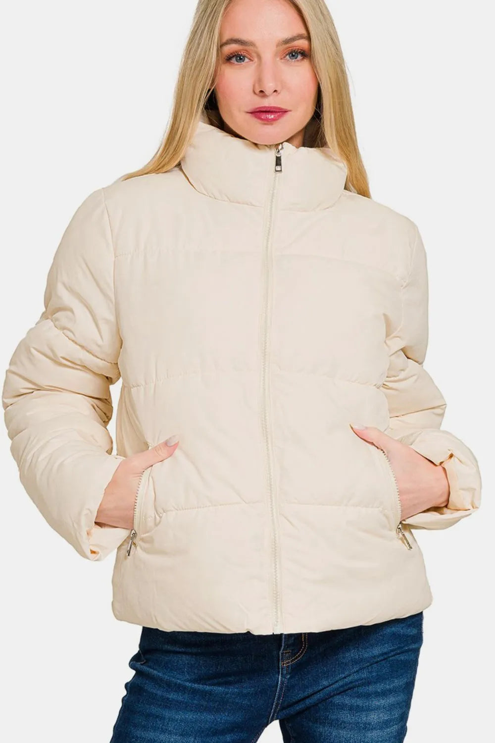 zenana zip up turtleneck puffer jacket with pockets - warm winter layer shown as women’s jacket