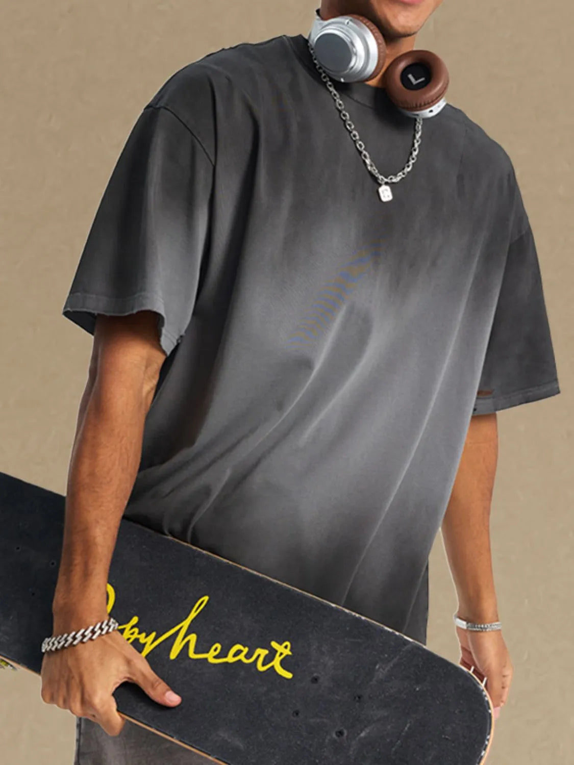 Men's Gradient Round Neck Half Sleeve T-Shirt Dark Gray