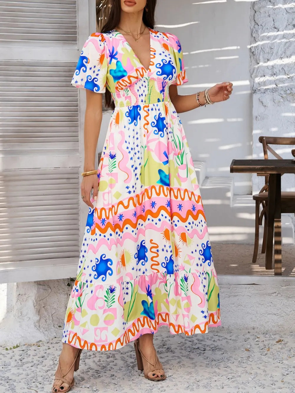 Devine Smocked Printed V-Neck Short Sleeve Maxi Dress Multicolor