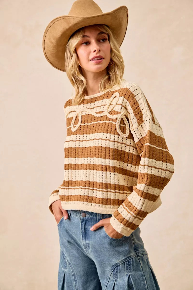 women's bibi striped open knit sweater top with front braided detail - extra view