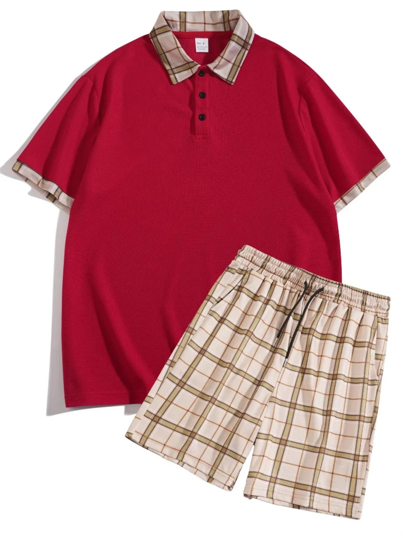 men's men's full size classic plaid collar polo and shorts set plus size - additional image