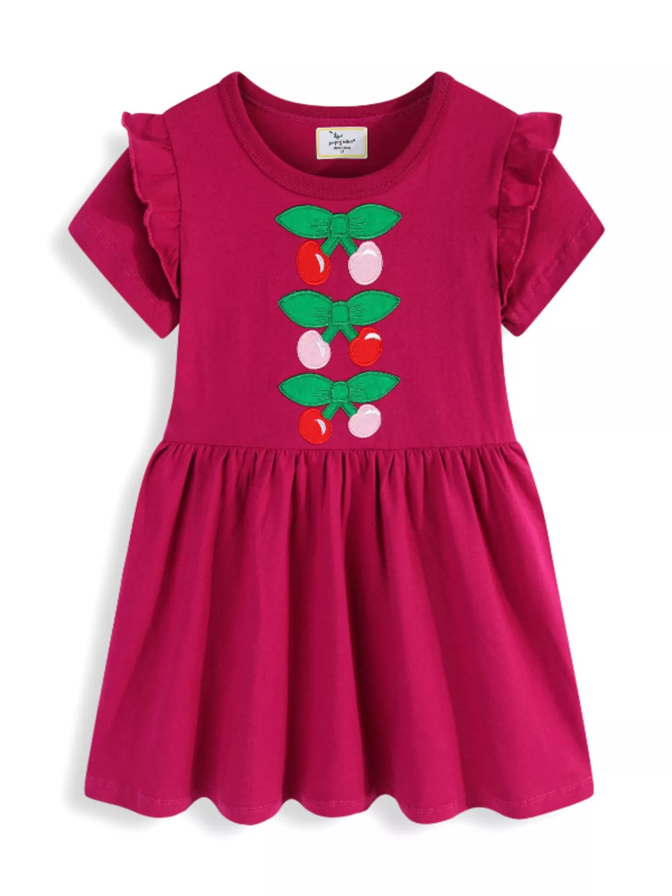 women's children's cherry bowknot applique ruffle sleeve casual dress - styled view