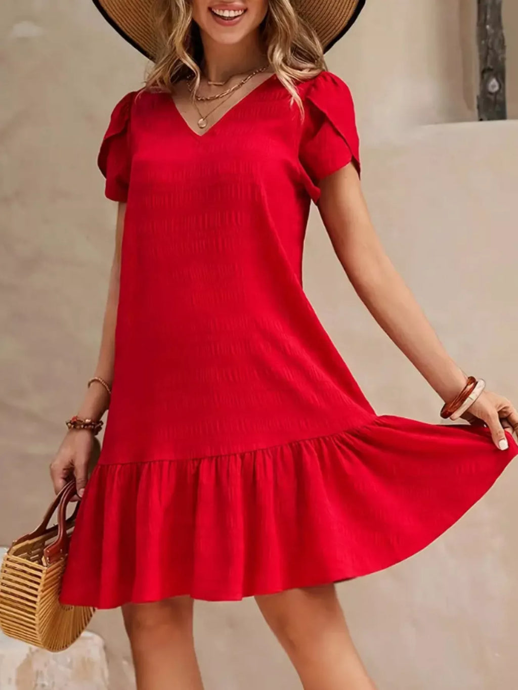 women's v-neck ruffle hem textured mini dress - product detail