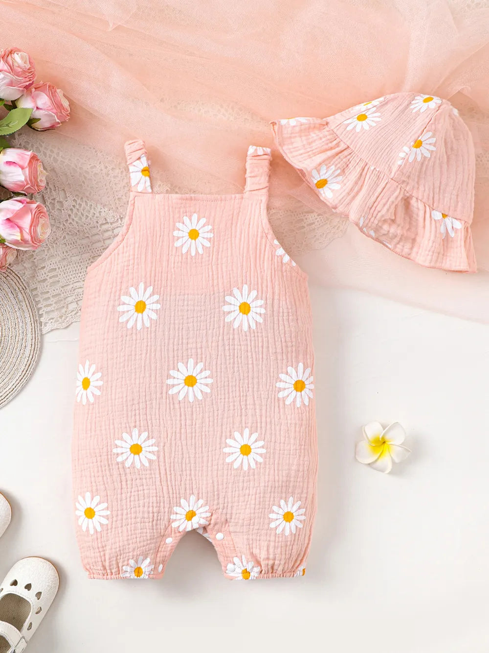 children's daisy textured wide strap romper and hat set — stylish clothing for kids