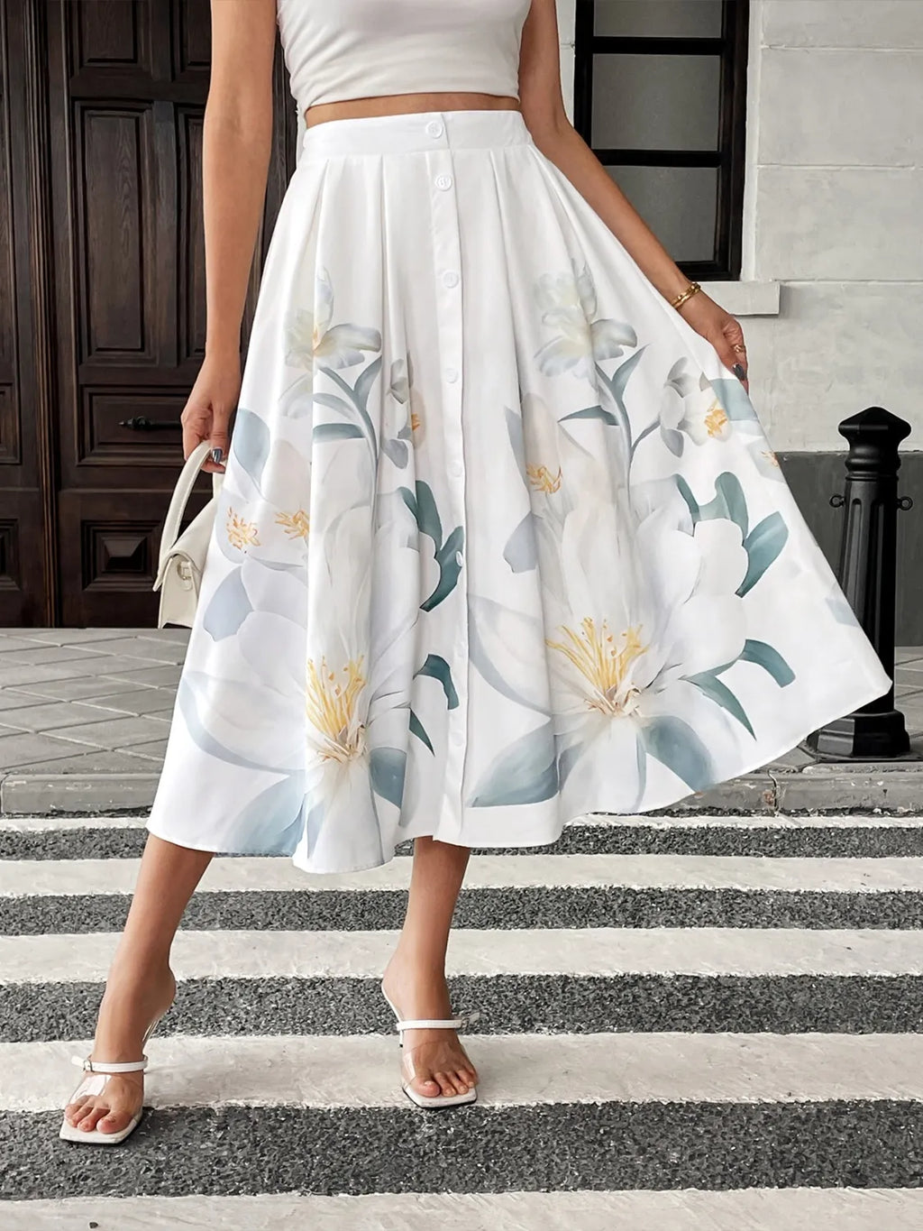 Floral Print Midi Skirt White