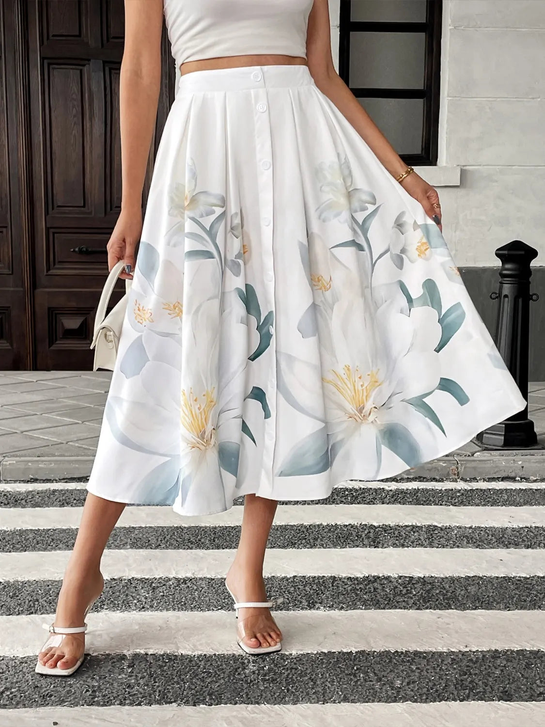 Floral Print Midi Skirt White