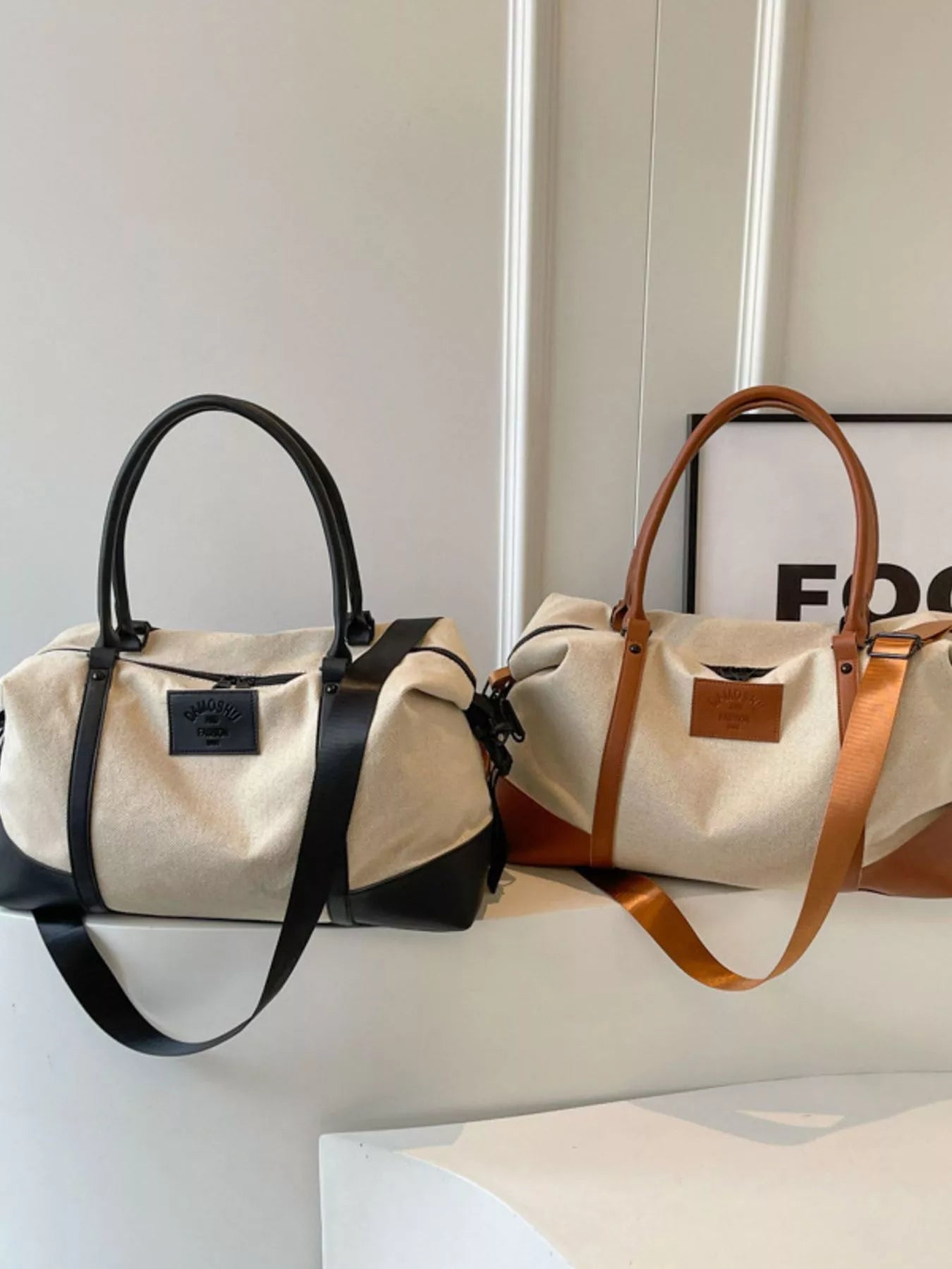 women's canvas leather trim travel  bag - product showcase