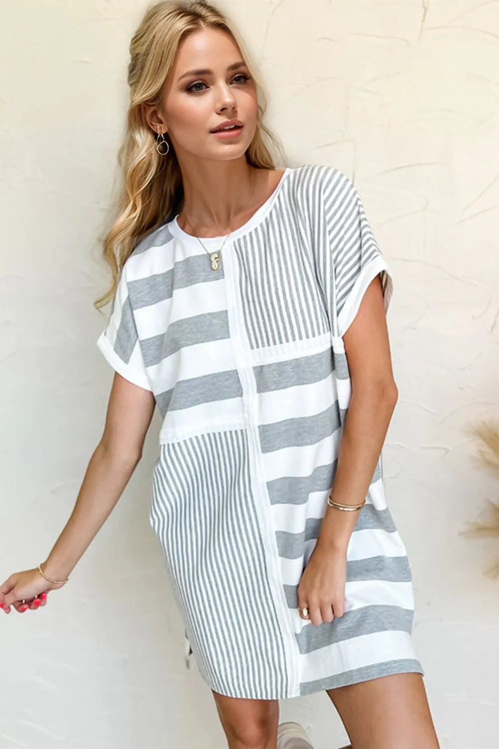 Oh Full Size Striped Round Neck Short Sleeve Mini Tee Dress Gray