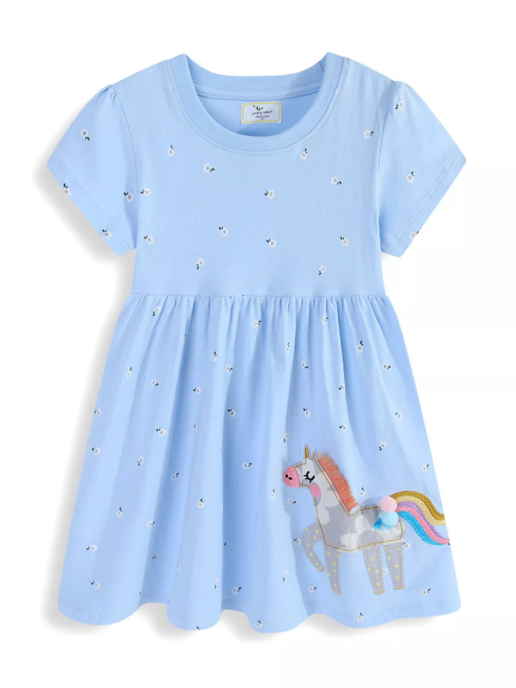 women's children's floral unicorn round neck dress - detail shot