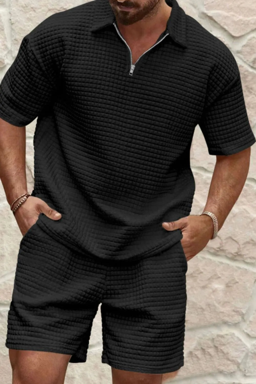 men's men's full size zip collar short sleeve top and shorts set plus size - second view